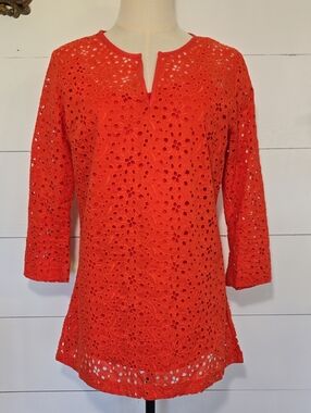 Talbots Orange 100% Cotton Eyelet Tunic Top & Shell Set Sz 8
